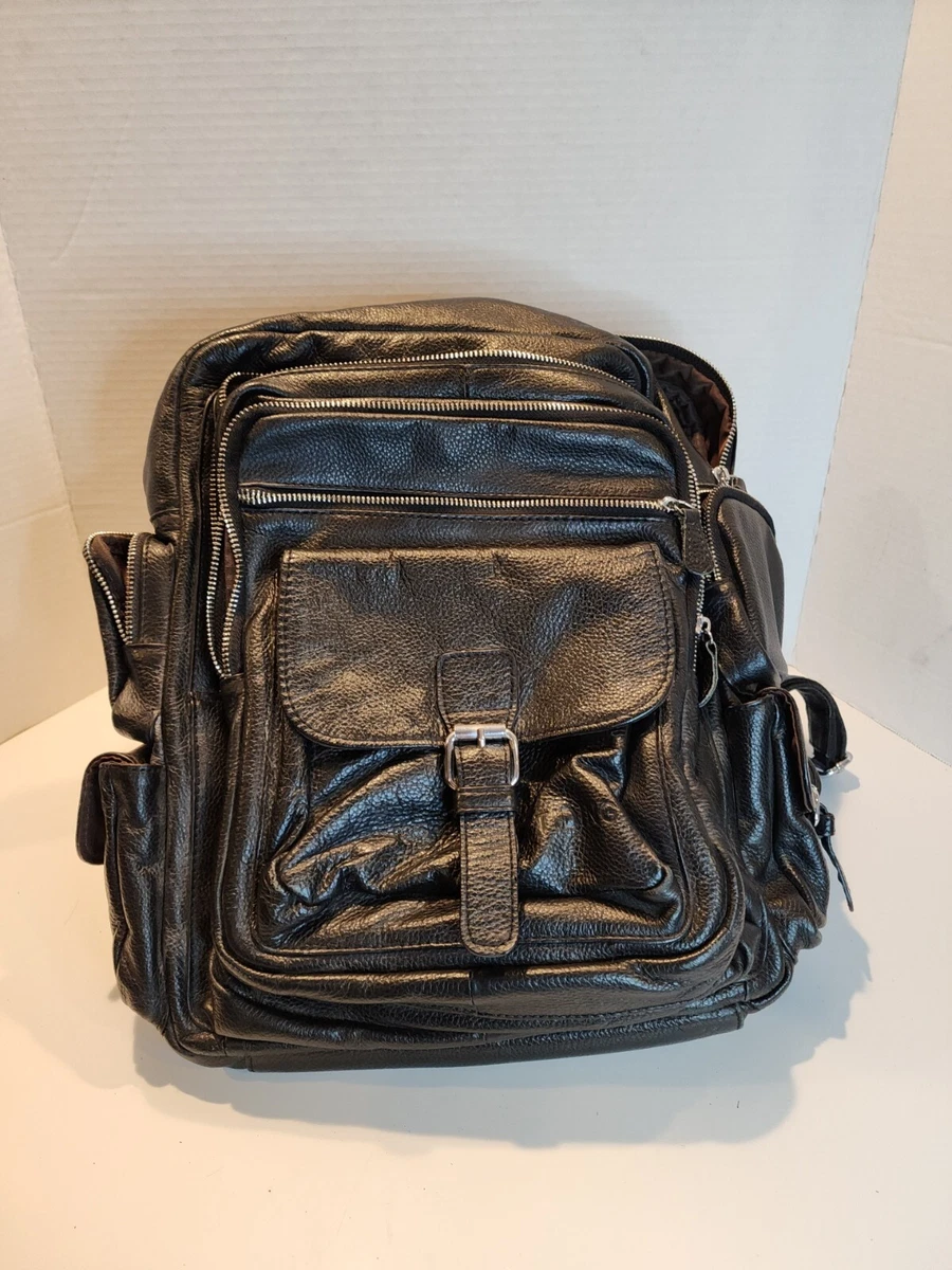 TIDING Genuine Black Leather Backpack 13 Compartment Soft Feel