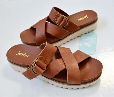 JAMBU Leather Crisscross FRIDA Wedge Sandals Women's Size 8.5 Shoes, Camel, NIB