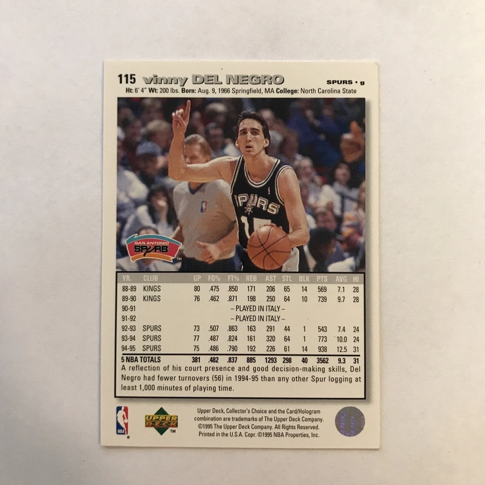 1995 Collector's Choice Vinny Del Negro #144 San Antonio Spurs Basketball Card - Image 2 of 2