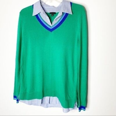 Talbots Green V-Neck Sweater with Faux Button Down Sz Small