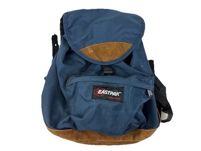 VTG 90s EASTPAK Cowhide Leather Bottom Backpack Blue Padded Straps