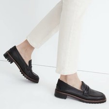  158 Madewell Corinne Black Leather Lugsole Penny Loafers Flats Size 6