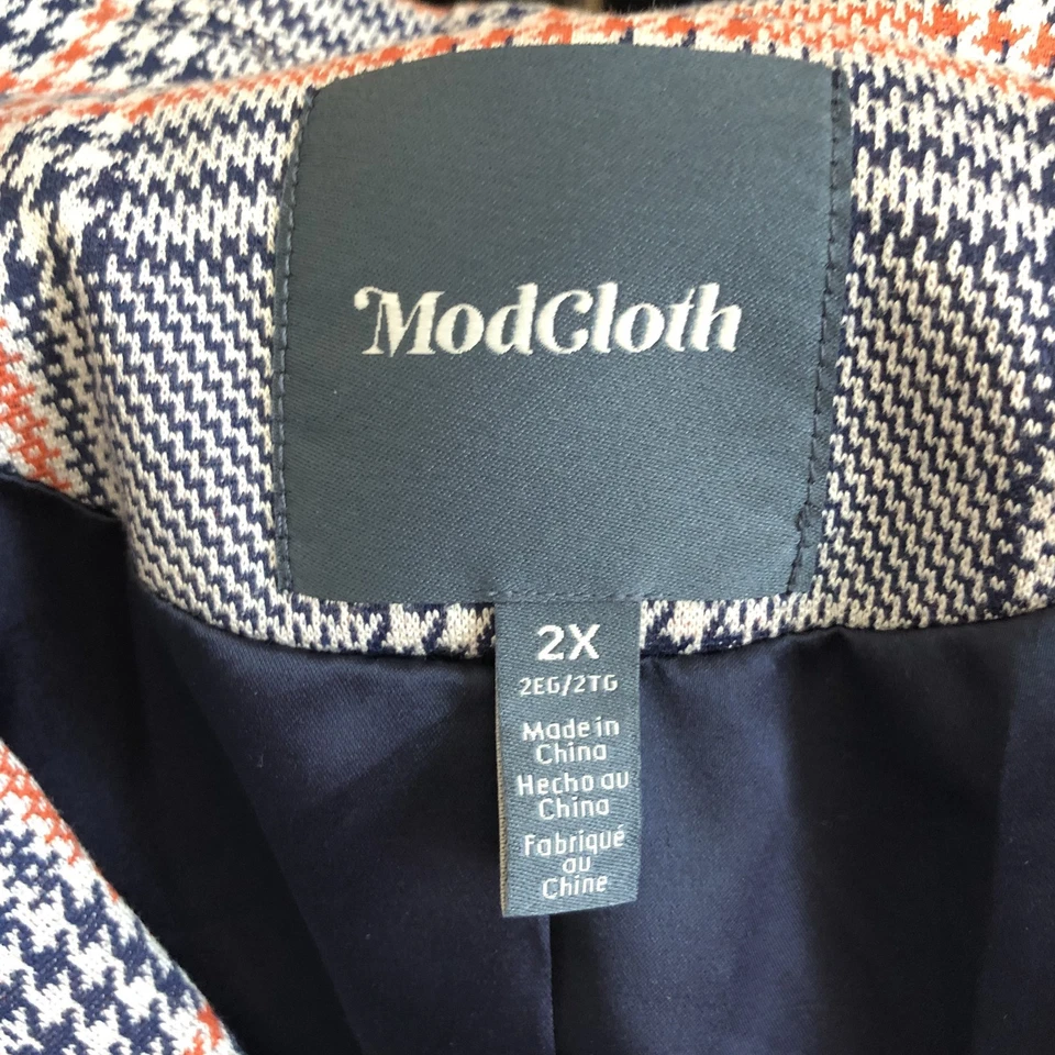 ModCloth Houndstooth Plaid Blazer Jacket Womens 2X Navy Orange Grey - Image 4 of 4