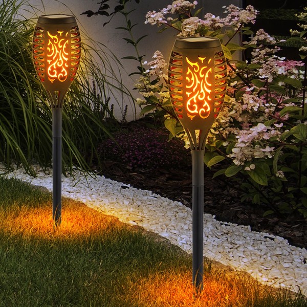 2X Led Solar Steck Leuchten Feuer Effekt Garten Strahler Dekor Stanzung Lampen-image