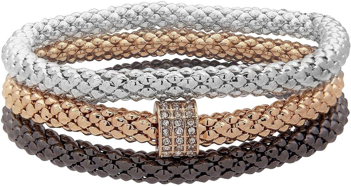 Chic Women's Tri-Tone Stretch Bracelet Set - 3 Stackable Pieces for Every Style View 2