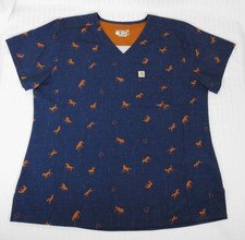 Women's Carhartt Modern Fit Blue Horse  Horseshoe Medical Scrub Top XL. Vented