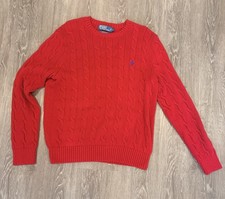 Polo by Ralph Lauren, Red Crew Neck Cable Knit Sweater, Size L Blue Monogram