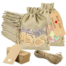 50Pcs 5 x 7 Inch Linen Burlap Sheer Bags with Drawstring and Bonus Gift Tags ...