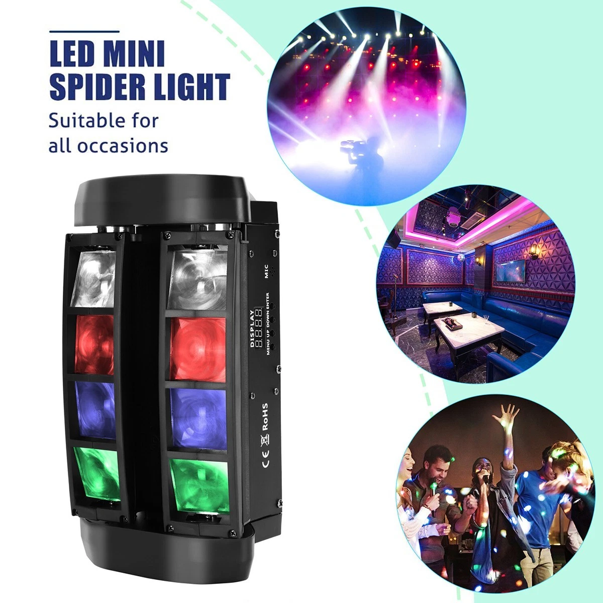 LUZ LED MINI ARAÑA RGB DMX512 EFECTO DISCOTECA FIESTA DJ ESCENARIO 8 LENTES 06713