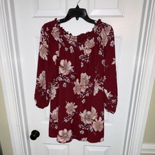 Rokoko Burgundy Pink Floral Off Shoulder Chiffon Smocked Shift Dress S