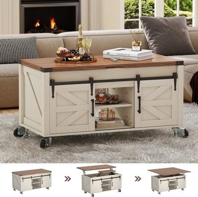Farmhouse Lift Top Coffee Table with Storage & Lockable Wheels, 4 Doors