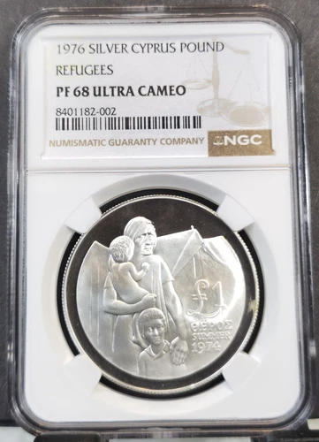 1976 CYPRUS SILVER 1 POUND REFUGEES NGC PF 68 ULTRA CAMEO RARE GEM PROOF
