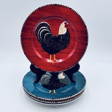 4 Sakura Warren Kimble Rooster Salad Plates 1999 Folk Art Farmhouse Kitchen 8"