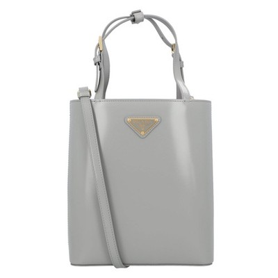 Prada Triangle Logo Leather Tote Bag Damen Tasche in Grau