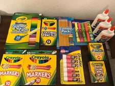 Lot of 12 School Supplies: Markers, Crayons, Pencils, Glue - NEW