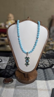 Sonoran Blue Turquoise & Sterling Silver Beads Necklace Navajo W Pendant