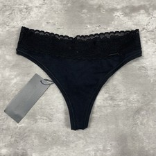 Savage x Fenty Rhianna Cotton Essentials Lace Trim Mid Rise Thong Panty XS black