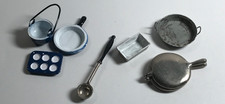 MINIATURE DOLLHOUSE KITCHEN LOT7 PANS LADLE-MUFFIN TIN WAFFLE IRON BLUE SPECKLED