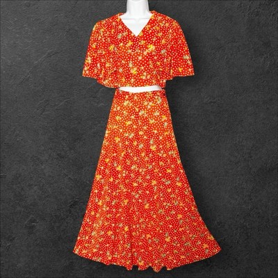 Vintage 70s Orange Two Piece Top Maxi Skirt Set Size XS/S 26  Babydoll Groovy