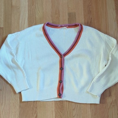 Marine Layer Women's Cardigan Sweater XL Ivory Button Front Striped Trim Knit