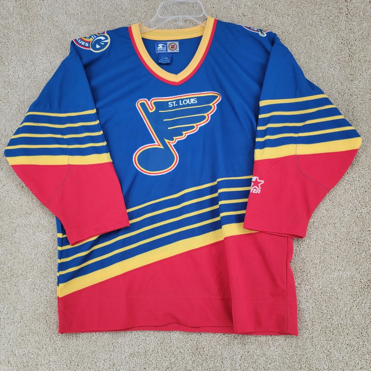 VINTAGE ST LOUIS BLUES NHL STARTER Large/XL Long Sleeve Patches Jersey  V-Neck