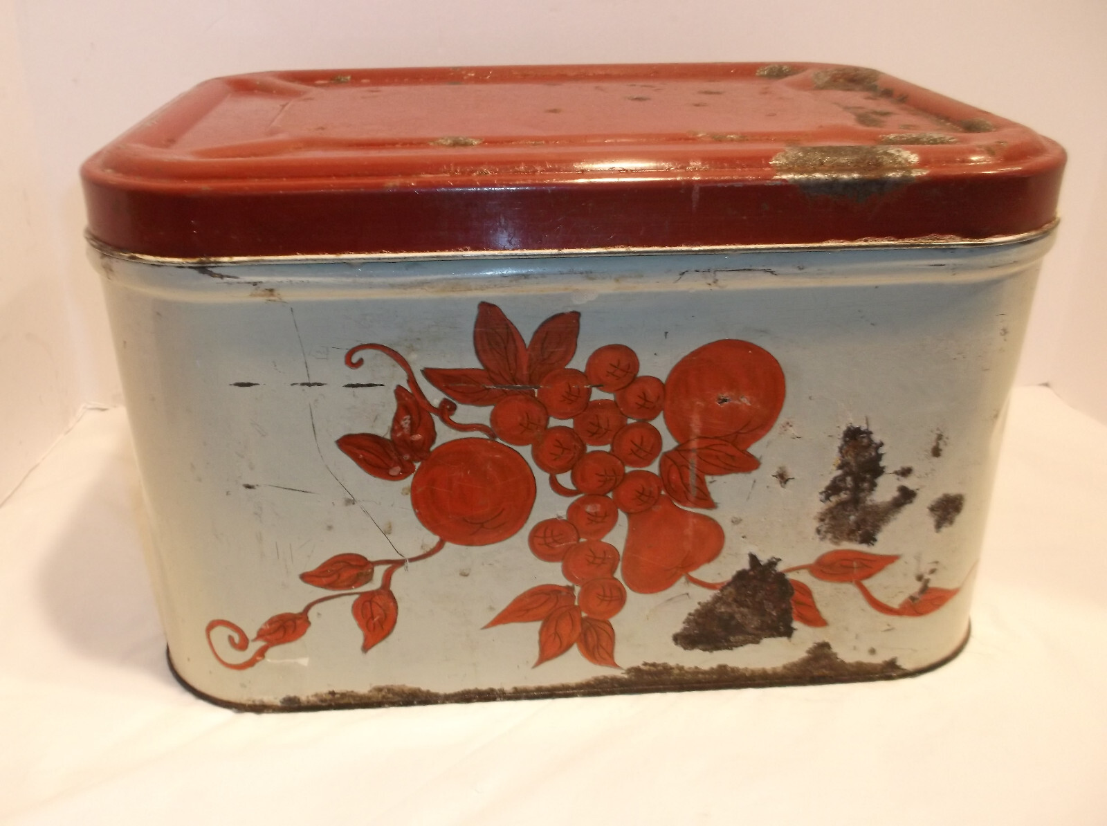 VINTAGE METAL TIN BREAD BOX w/Red Fruit & Hinged Lid Farm Kitchenware