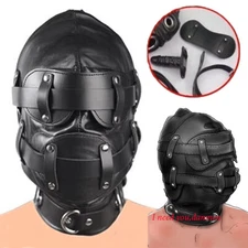Padded PU Leather Headgear Head Hood Mask with Plug Bondage Open Mouth Gag BDSM