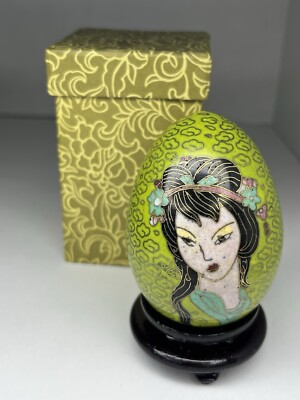 Vintage Enamel Chinese Art Green Geisha Cloisonné Egg Wood Stand W/ Original Box