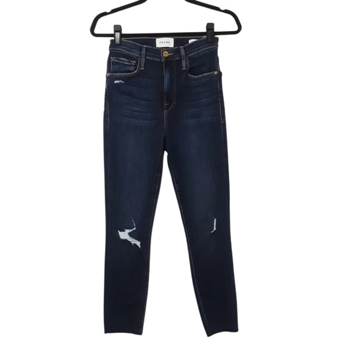 $285 FRAME Ali High Rise Cigarette Dublin Distressed Skinny Dark Blue Jeans  26