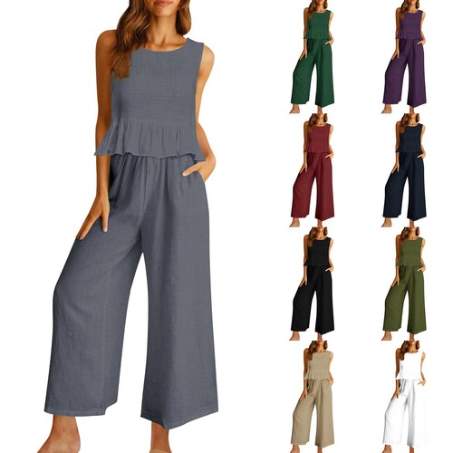 Women's Summer 2 Piece Outfits Linen Crop Tank Top Long Pants Tracksuits Pockets
