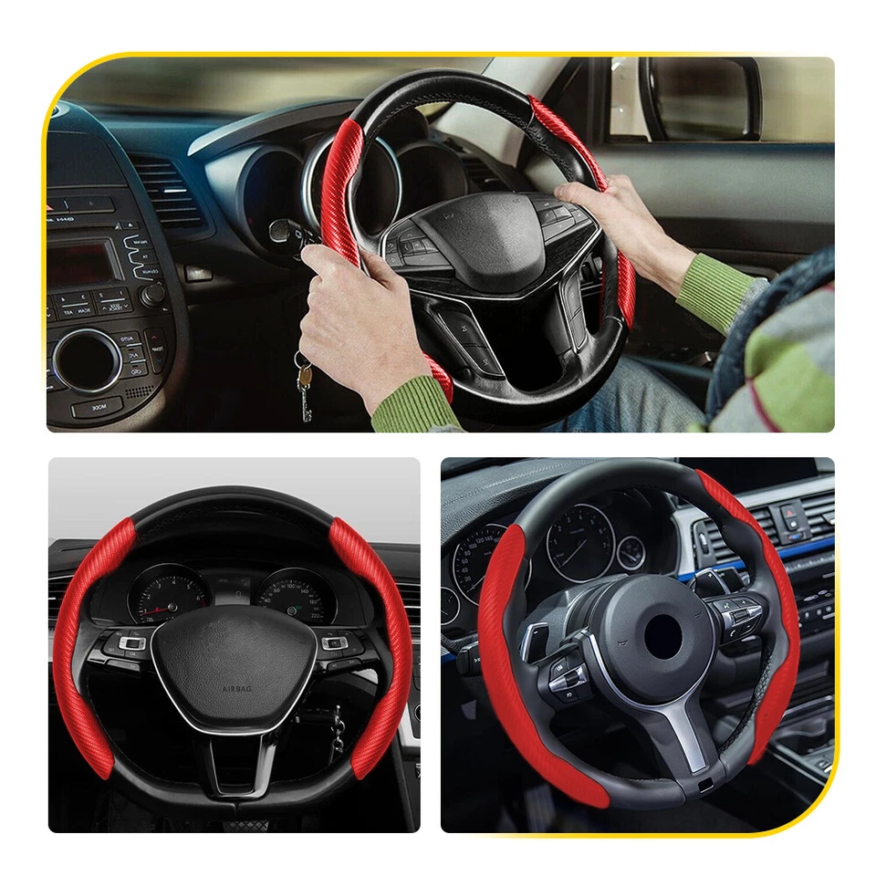 For Honda Civic Accord Steering Wheel Cover Protector Non-Slip Carbon Fiber Red - Image 2 of 4