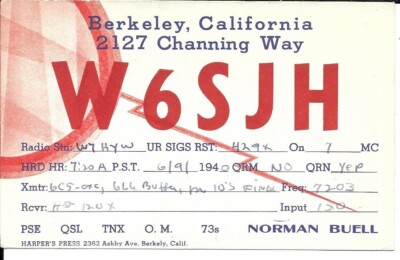 QSL 1940 Berkeley CA   radio card