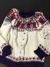 Vintage 1960/70's Hand Knit red white  blue Winter Cardigan Size Large/Medium
