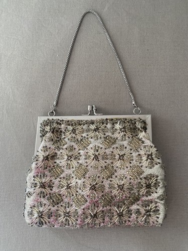 Vintage "Belinda" 1960s Mod Go-Go Silver Lurex Fabric Beaded Evening Bag - Picture 2 of 11