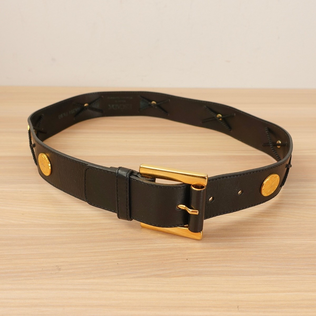 ESCADA Belt XS Black Studded Medallion Roman Stud Gold Chain