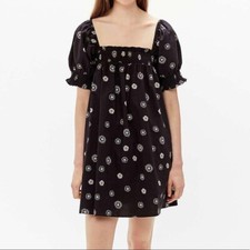 Urban Outfitter UO Daisy Dot Puff Sleeve Babydoll Dress Mini Black Printed New S