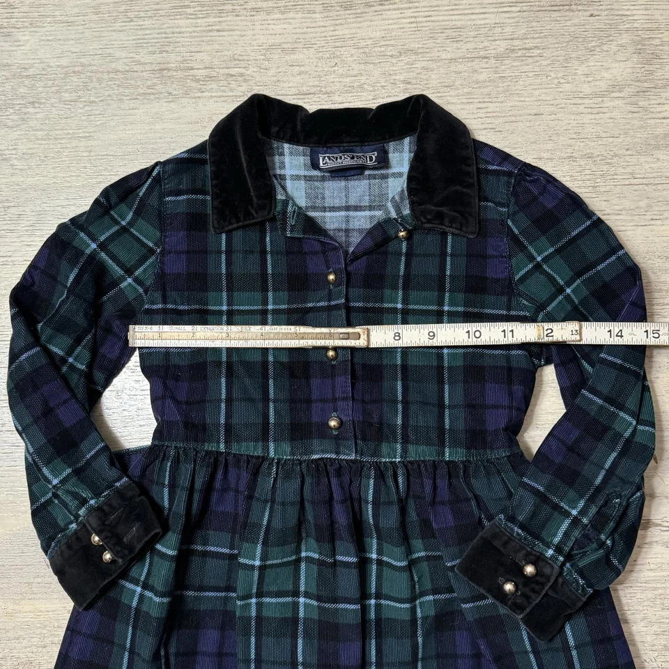 Usado en Excelente Condición Vestido Terciopelo Cuadros Verde Cuello Land End Talla 6 Años Foto 4 de 4