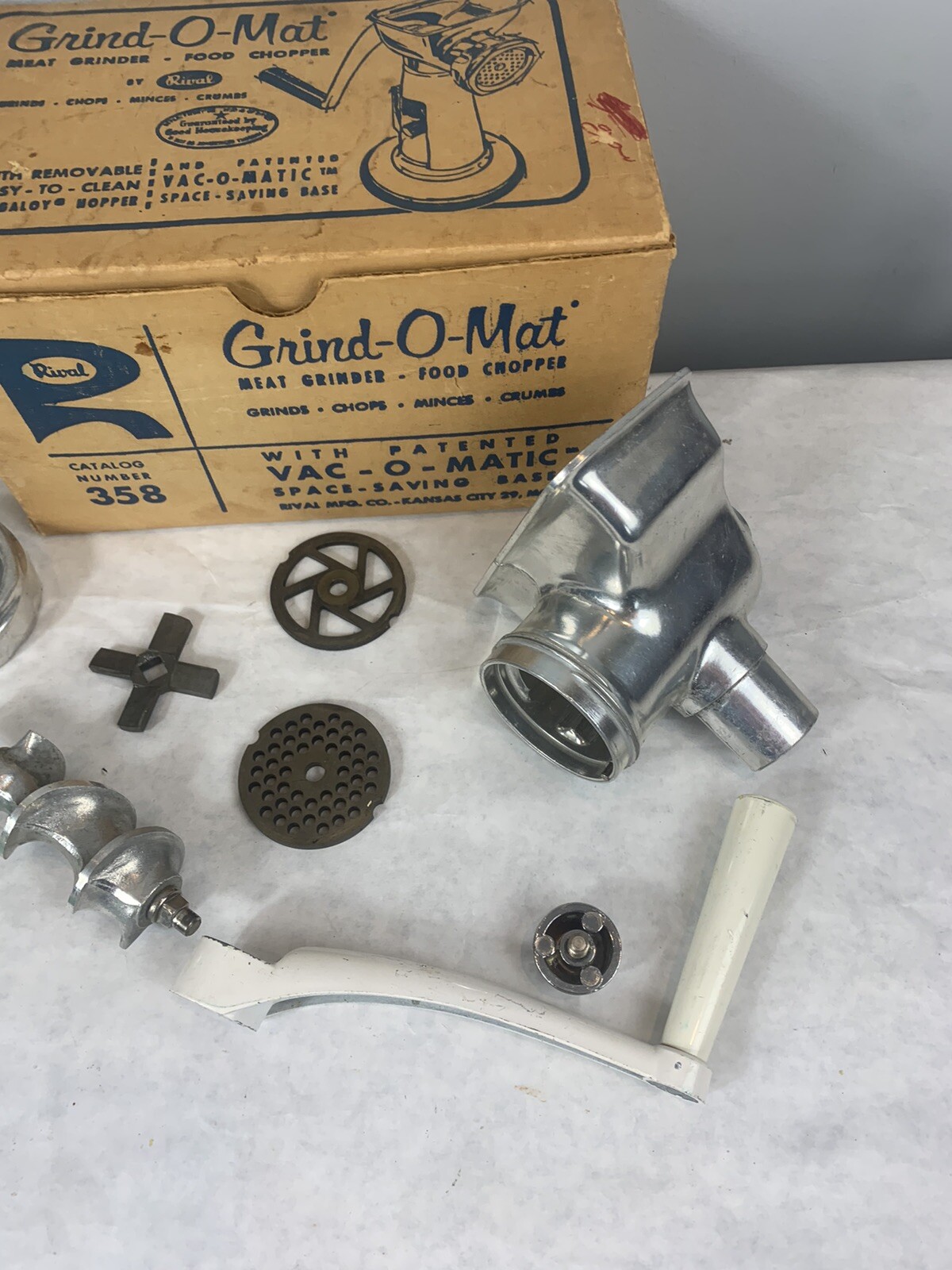 Vintage Rival GrindOMat Meat Grinder Model 358 White Box Paperwork