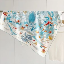 Pure Twill Silk Shawl Scarf Square Bandanna Wrap 35" Cloud Animals Print Cream