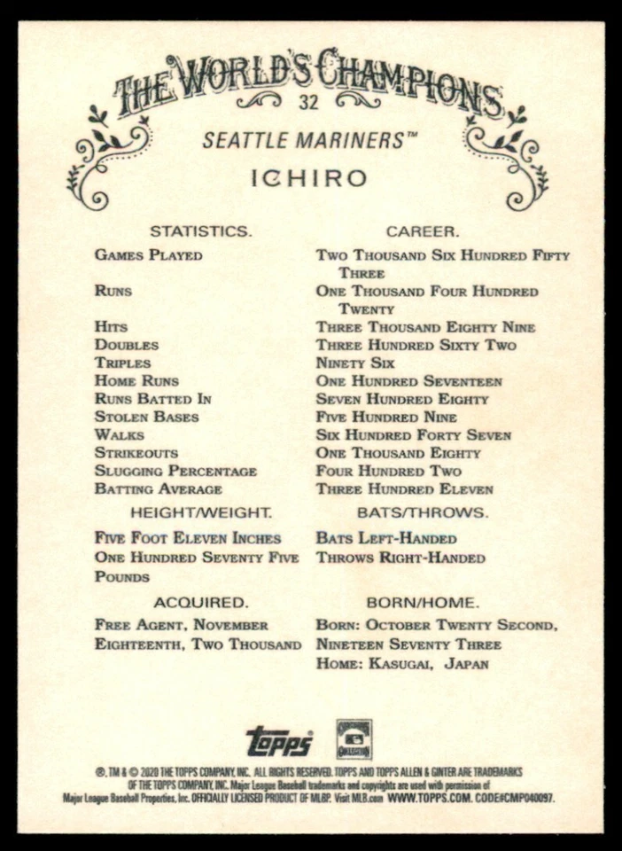 2020 Topps Allen & Ginter X #32 Ichiro Seattle Mariners - Image 2 of 2