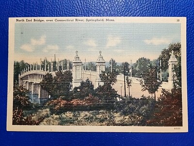 NORTH END BRIDGE OVER CONNECTICUT RIVER POSTCARD SPRINGFIELD MASSACHUSETTS LINEN