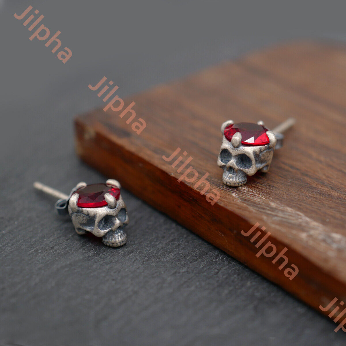 Skull Studs - Sterling Silver Gothic Earrings - Black Feather Design