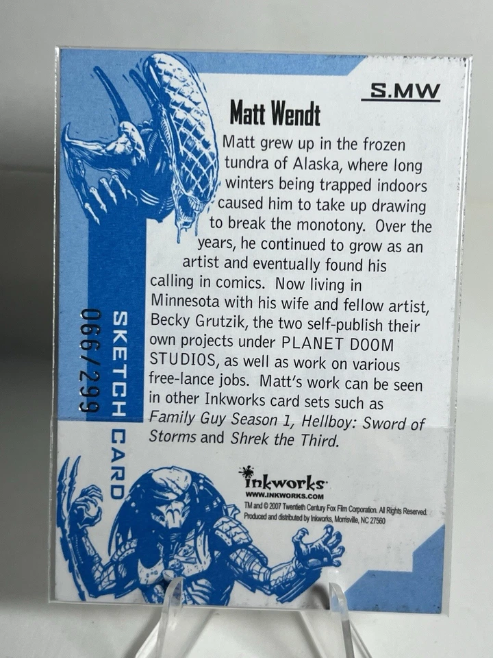 2007 AVP ALIENS VS PREDATOR  SKETCH CARD Matt Wendt  /299 - Image 2 of 2