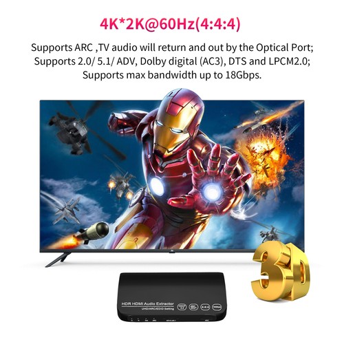 HDMI Audio Extractor, 4K@60Hz HDMI to HDMI + Optical Toslink SPDIF + 3.5mm AUX - Picture 6 of 13