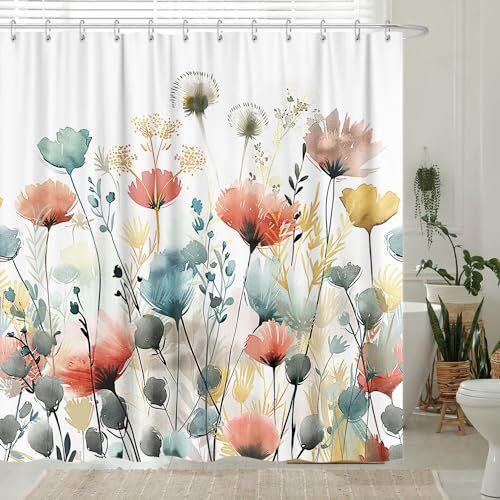 Rustic Boho Floral Shower Curtain, Bright Colorful Watercolor 72 x 72 Blue - Foto 5 di 7