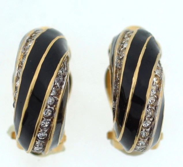 NINA RICCI GOLD VERMAIL ENAMEL CRYSTAL CLIP ON EARRINGS COSTUME JEWELRY