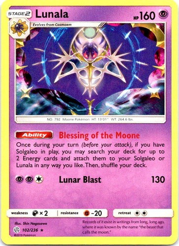 Lunala 102/236 Holo Rare Cosmic Eclipse Pokemon Near Mint