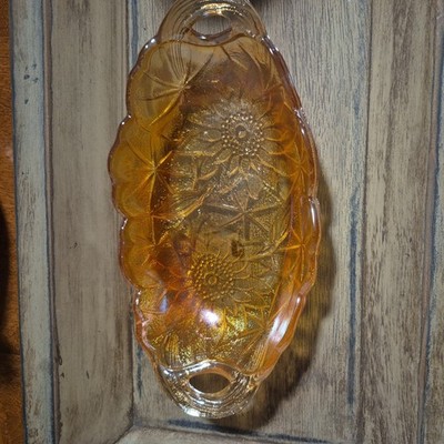 Vintage Indiana Glass Lily Pons 605 Pickle Dish Iridescent Amber Relish Celery
