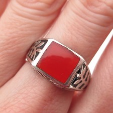 925 Sterling Silver Vintage Real Carnelian Floral Oxidized Ring Size 9.25