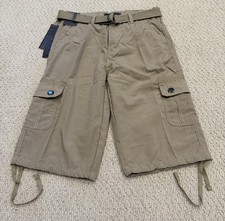 NWT Men  s Vertical Casual Khaki Beige Belted Cargo Pocket Shorts ALL SIZES